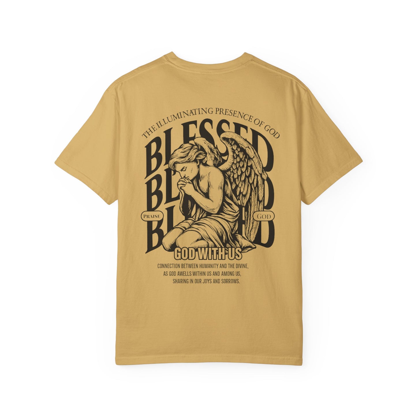 “Blessed – God With Us Christian T-Shirt | Unisex Faith Shirt with Cross Front & Angel Back”