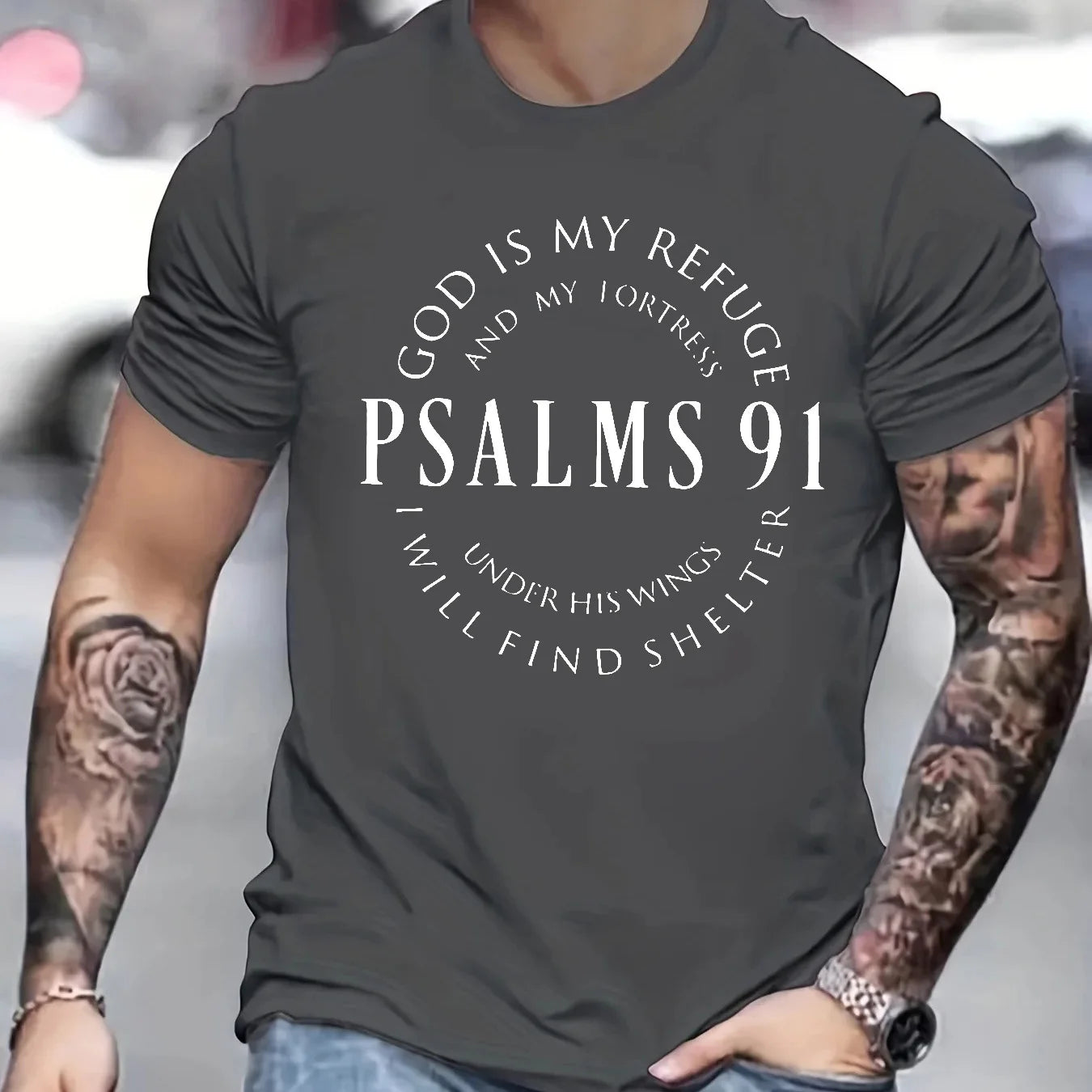 Men’s Psalms 91 T-Shirt – Christian Bible Verse Tee, Short Sleeve, Cotton