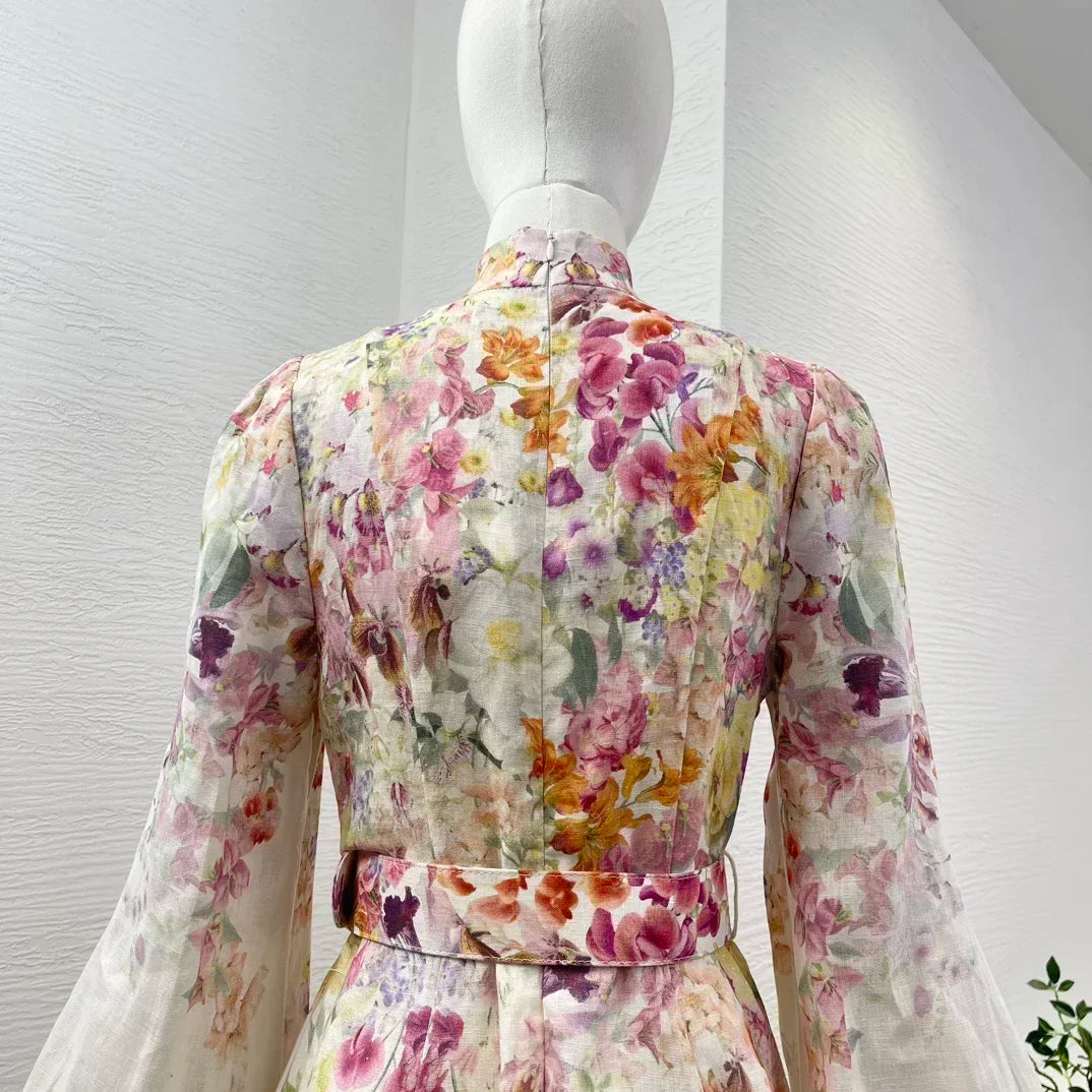 Linen Floral Lantern Sleeve Dress – Belted Button-Down For Summer & Fall