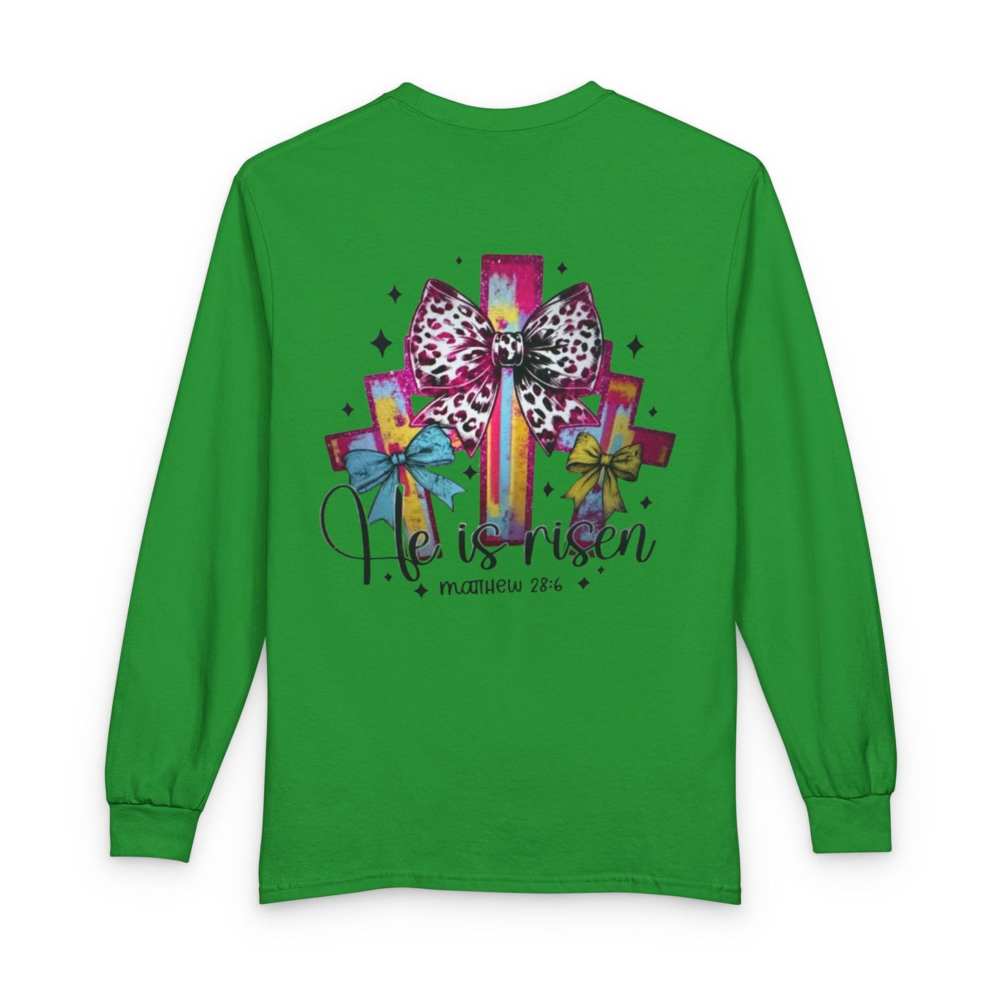 He Is Risen Christian Long Sleeve Shirt | Colorful Cross With Bow Design | Matthew 28:6 Faith Long Sleeve Tee