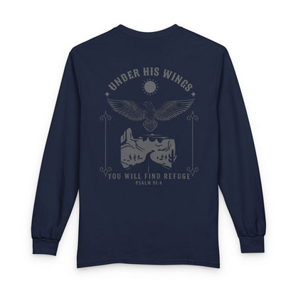 Under His Wings Long-Sleeve Christian T-Shirt for Men & Women – Psalm 91:4 Faith Shirt | Gather & Co. LLC