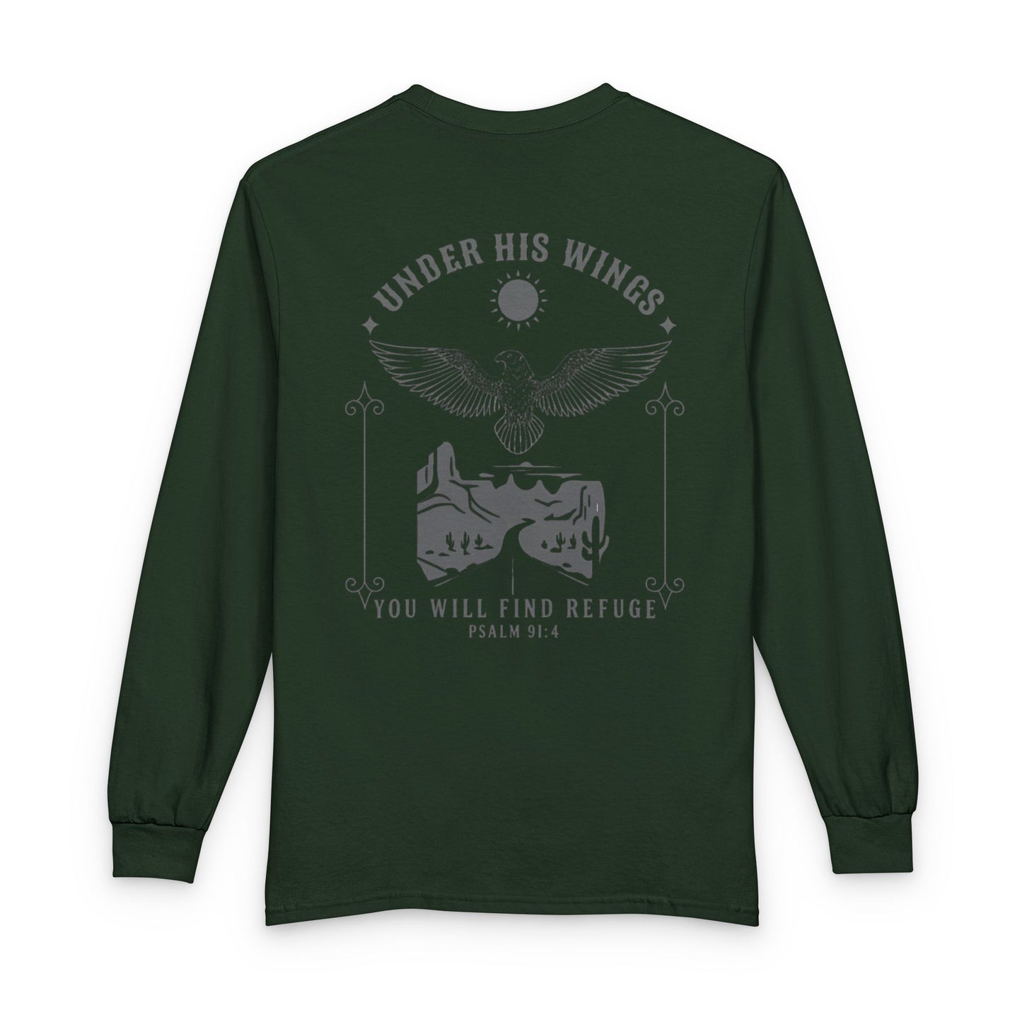 Under His Wings Long-Sleeve Christian T-Shirt for Men & Women – Psalm 91:4 Faith Shirt | Gather & Co. LLC