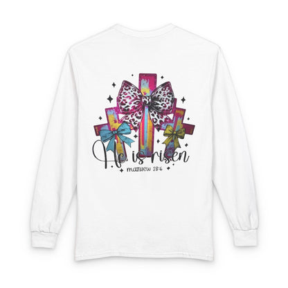 He Is Risen Christian Long Sleeve Shirt | Colorful Cross With Bow Design | Matthew 28:6 Faith Long Sleeve Tee