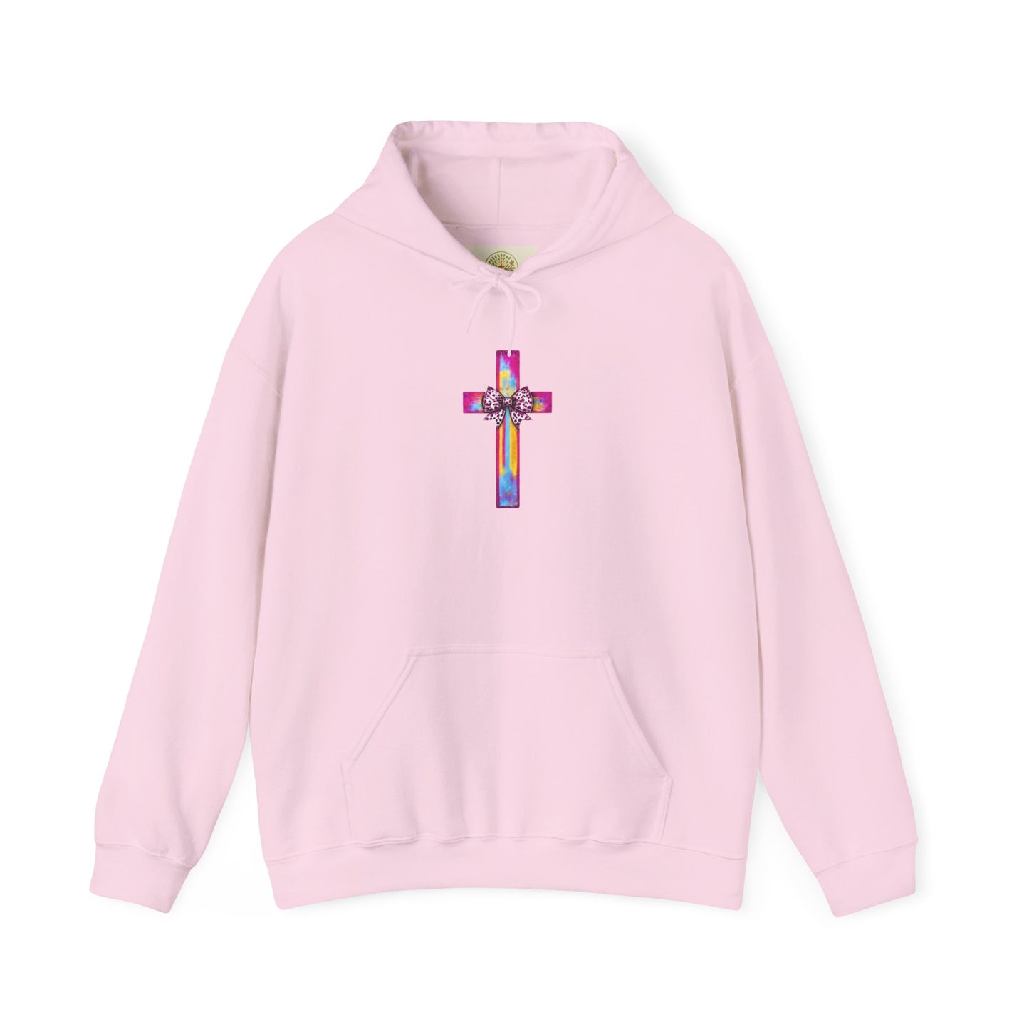 He Is Risen Christian Hoodie | Colorful Cross With Bow Design | Matthew 28:6 Faith Hooded Sweatshirt