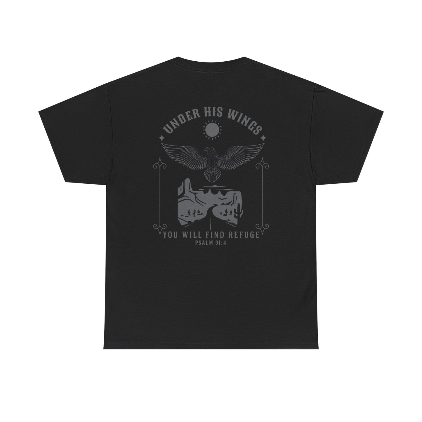 Men’s Christian T-Shirt – Under His Wings Psalm 91:4 | Eagle & Cross Faith Shirt by Gather & Co. LLC