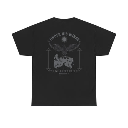 Men’s Christian T-Shirt – Under His Wings Psalm 91:4 | Eagle & Cross Faith Shirt by Gather & Co. LLC