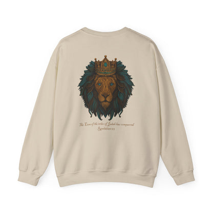 Lion of Judah Christian Crew Neck Sweatshirt – Unisex Faith Sweatshirt with Cross & Revelation 5:5 Back Design
