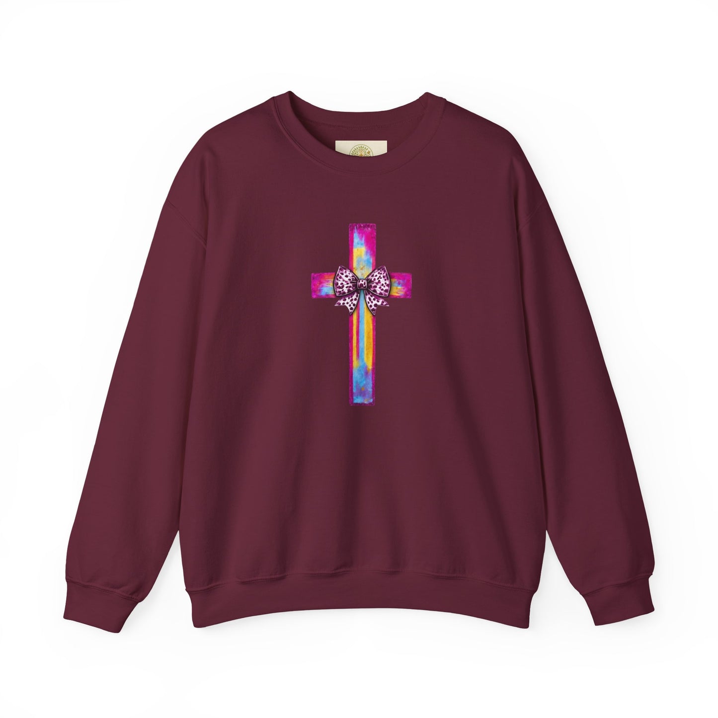 He Is Risen Christian Crewneck Sweatshirt | Colorful Cross With Bow Design | Matthew 28:6 Faith Sweatshirt