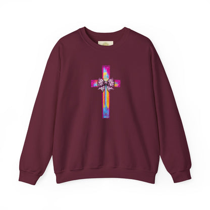 He Is Risen Christian Crewneck Sweatshirt | Colorful Cross With Bow Design | Matthew 28:6 Faith Sweatshirt