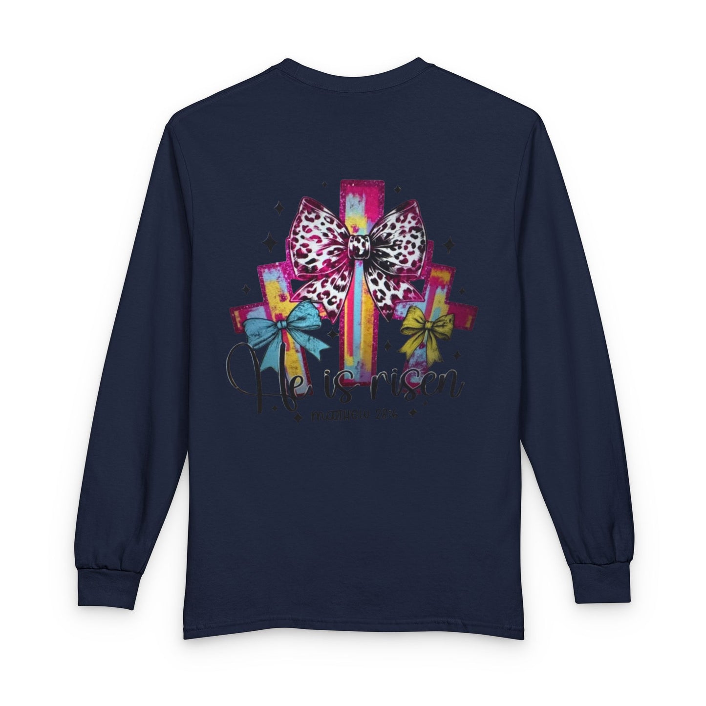 He Is Risen Christian Long Sleeve Shirt | Colorful Cross With Bow Design | Matthew 28:6 Faith Long Sleeve Tee