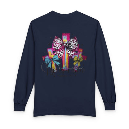 He Is Risen Christian Long Sleeve Shirt | Colorful Cross With Bow Design | Matthew 28:6 Faith Long Sleeve Tee