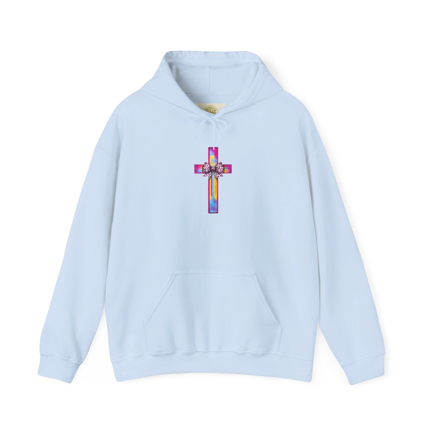 He Is Risen Christian Hoodie | Colorful Cross With Bow Design | Matthew 28:6 Faith Hooded Sweatshirt