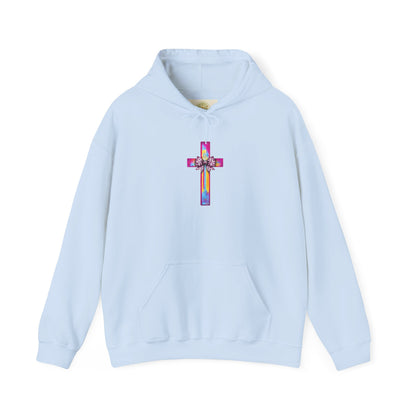 He Is Risen Christian Hoodie | Colorful Cross With Bow Design | Matthew 28:6 Faith Hooded Sweatshirt