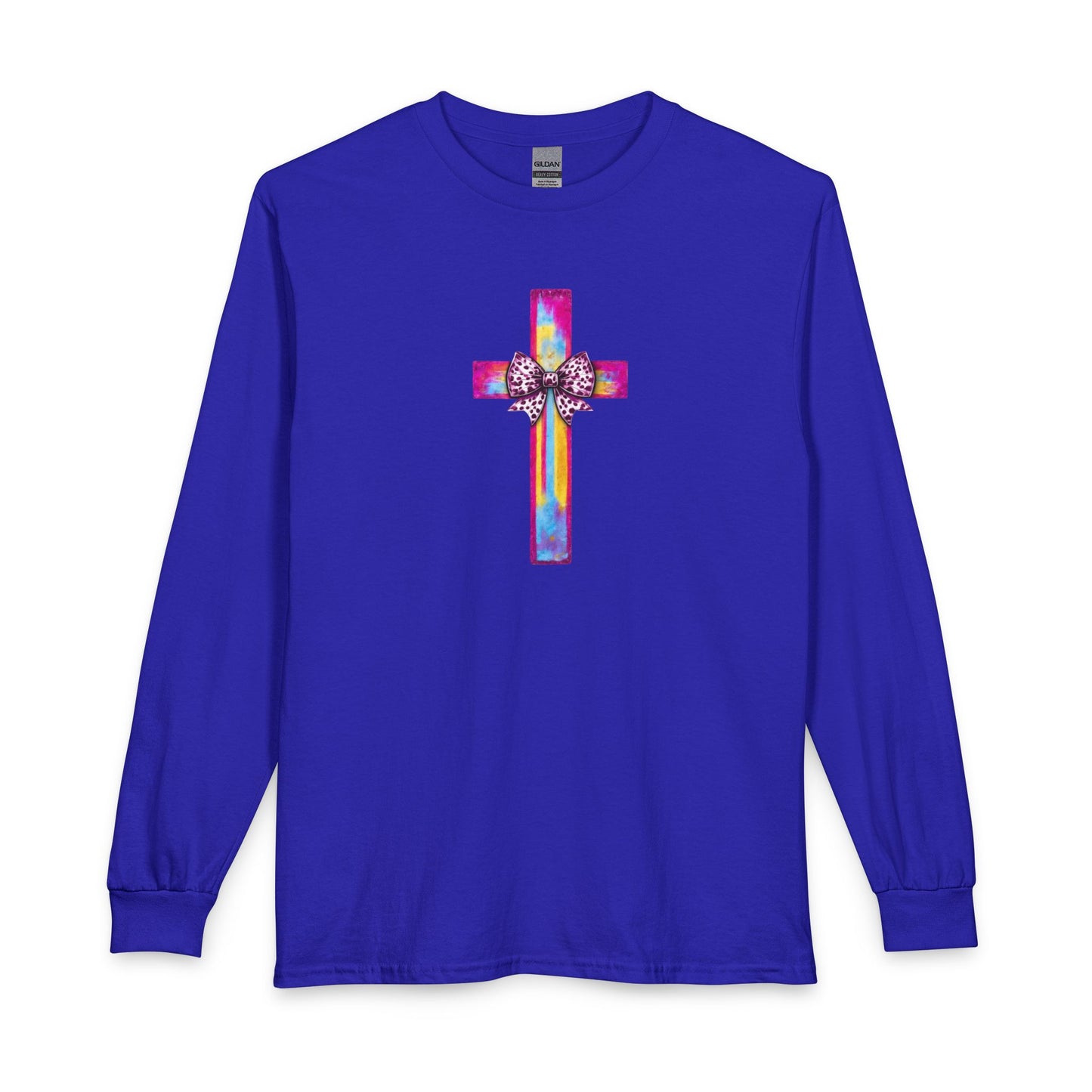 He Is Risen Christian Long Sleeve Shirt | Colorful Cross With Bow Design | Matthew 28:6 Faith Long Sleeve Tee