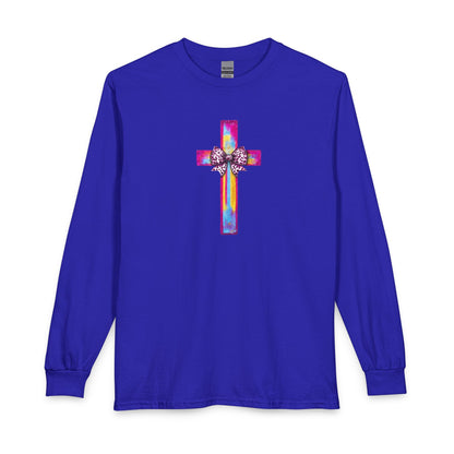 He Is Risen Christian Long Sleeve Shirt | Colorful Cross With Bow Design | Matthew 28:6 Faith Long Sleeve Tee