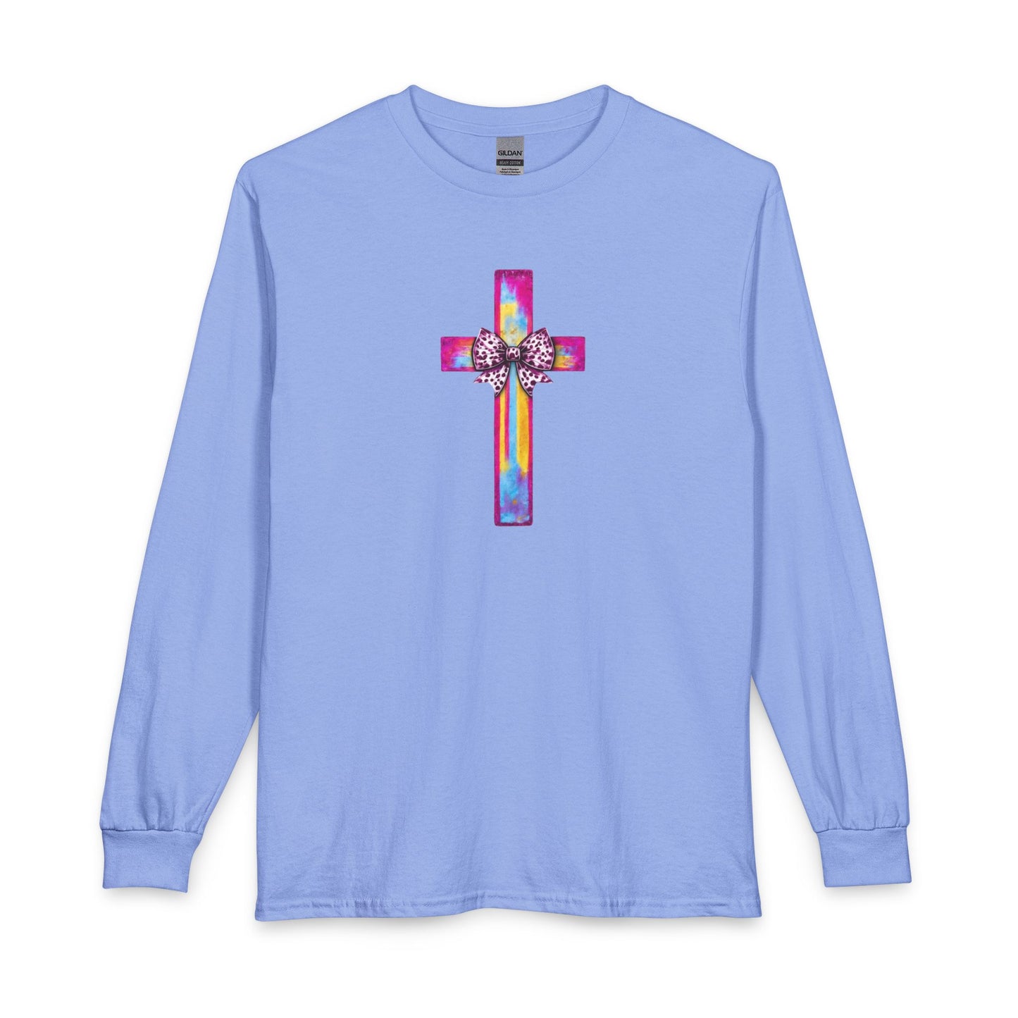 He Is Risen Christian Long Sleeve Shirt | Colorful Cross With Bow Design | Matthew 28:6 Faith Long Sleeve Tee