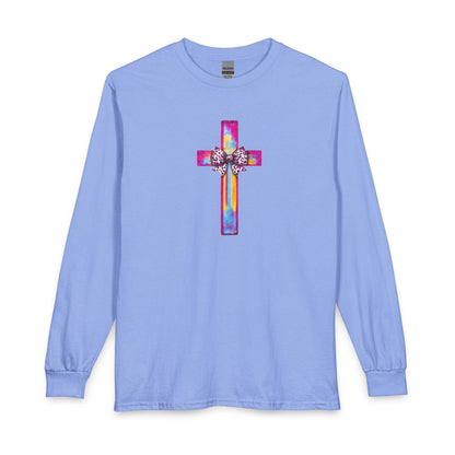 He Is Risen Christian Long Sleeve Shirt | Colorful Cross With Bow Design | Matthew 28:6 Faith Long Sleeve Tee