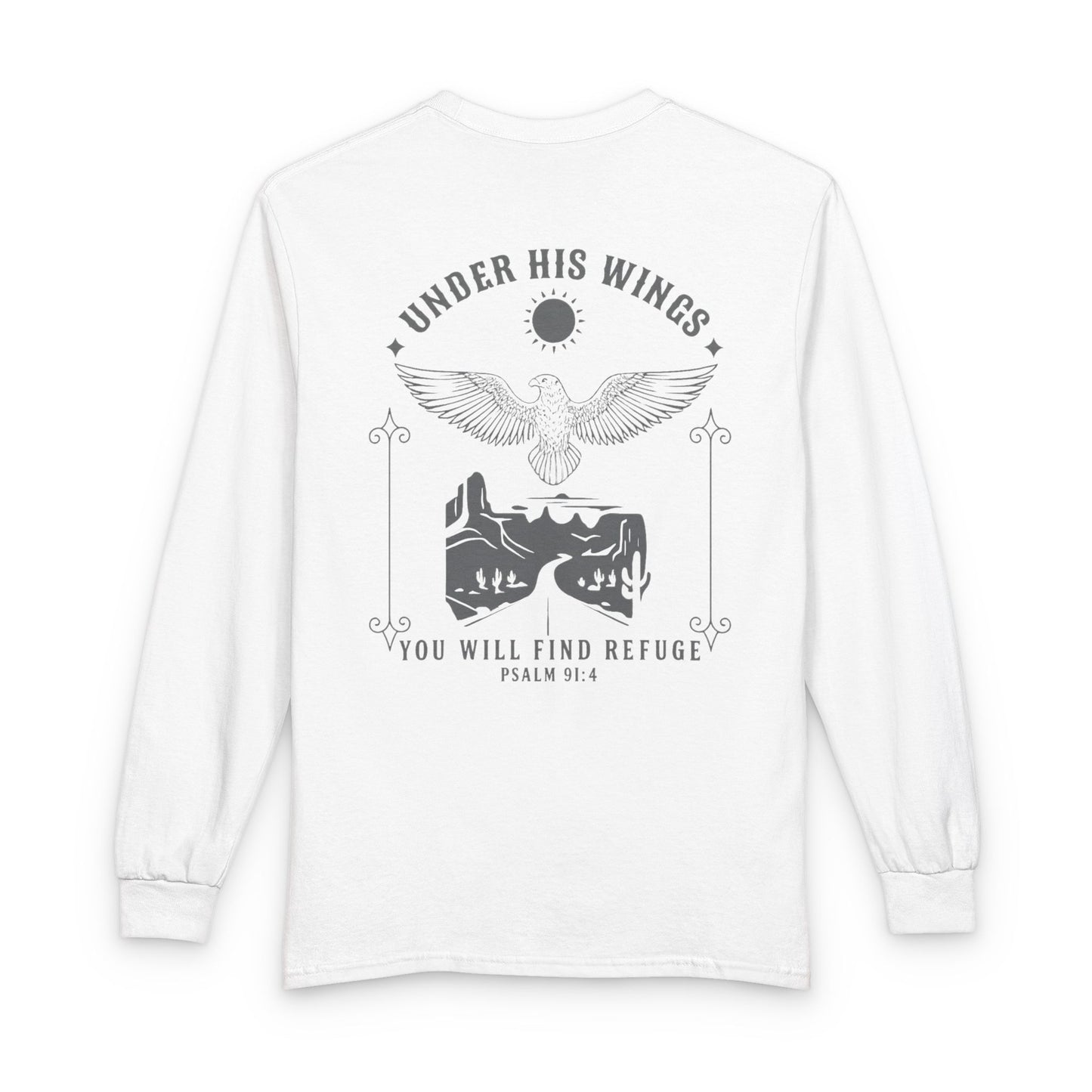Under His Wings Long-Sleeve Christian T-Shirt for Men & Women – Psalm 91:4 Faith Shirt | Gather & Co. LLC