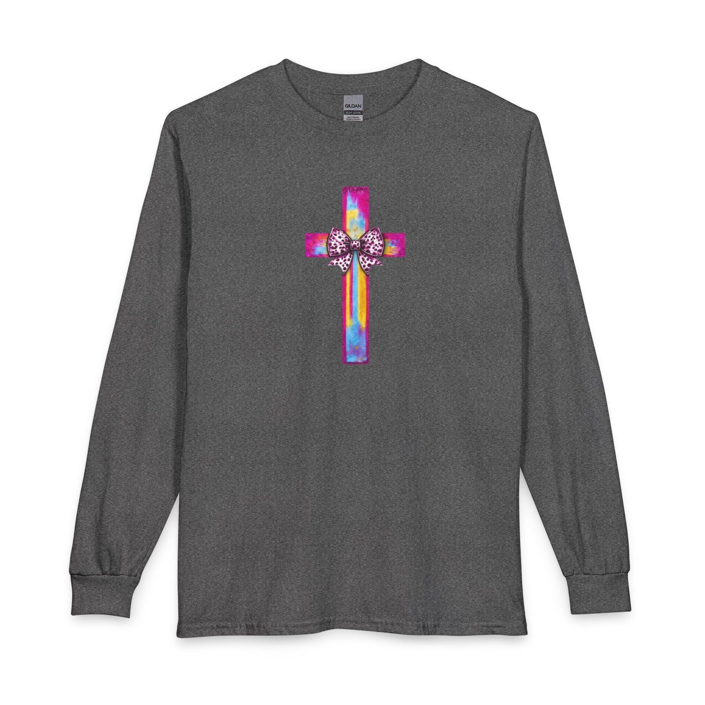 He Is Risen Christian Long Sleeve Shirt | Colorful Cross With Bow Design | Matthew 28:6 Faith Long Sleeve Tee