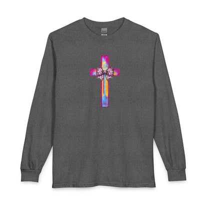 He Is Risen Christian Long Sleeve Shirt | Colorful Cross With Bow Design | Matthew 28:6 Faith Long Sleeve Tee