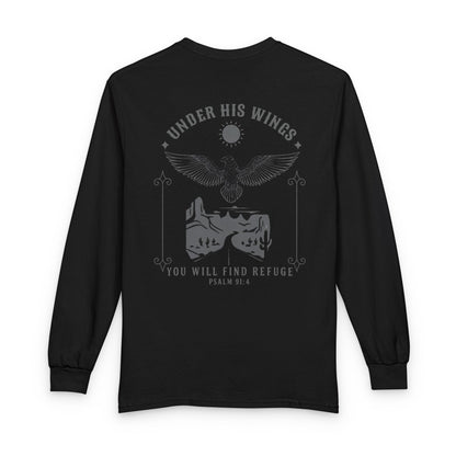 Under His Wings Long-Sleeve Christian T-Shirt for Men & Women – Psalm 91:4 Faith Shirt | Gather & Co. LLC