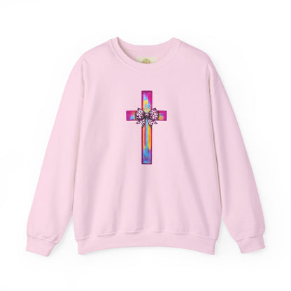 He Is Risen Christian Crewneck Sweatshirt | Colorful Cross With Bow Design | Matthew 28:6 Faith Sweatshirt