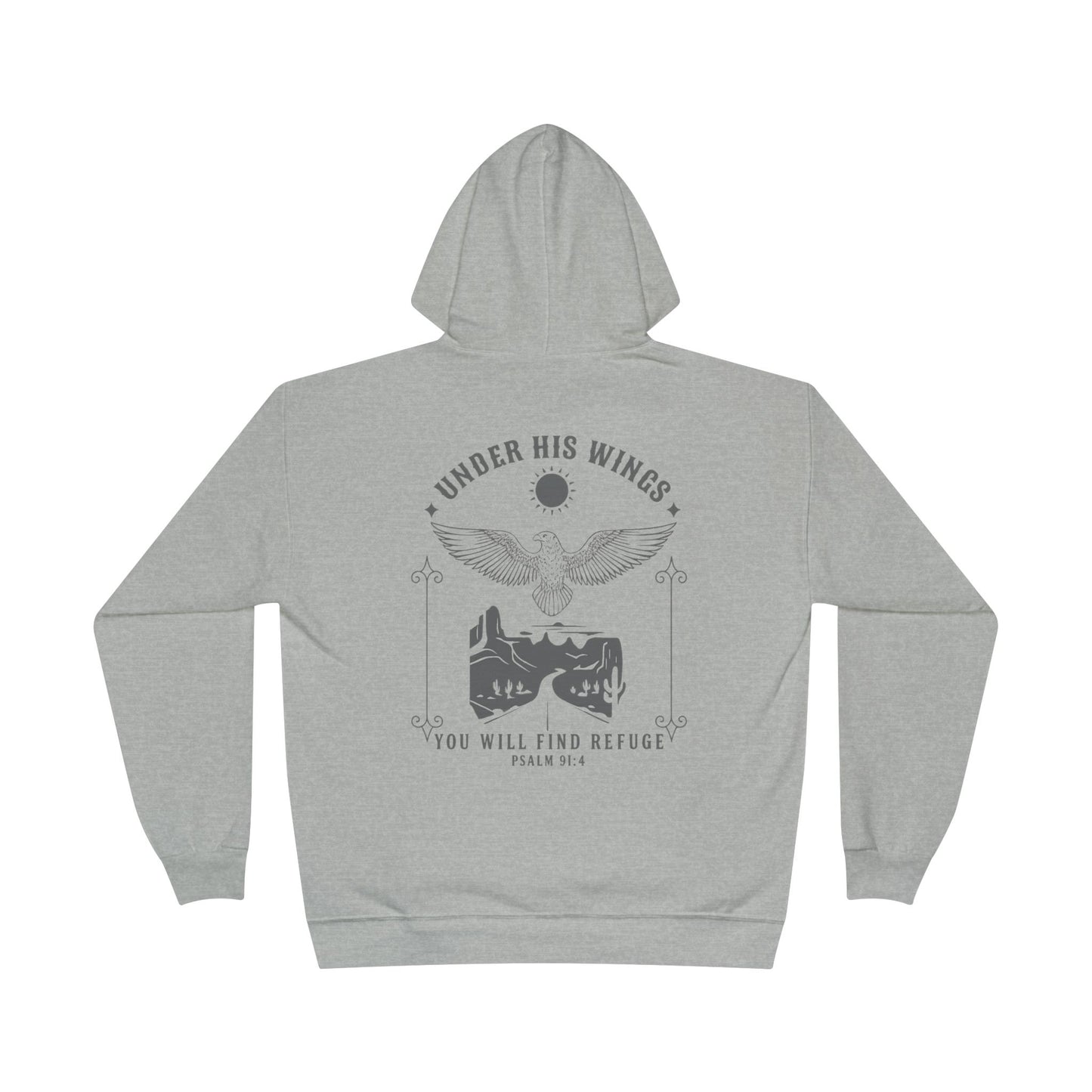 Men’s Christian Hoodie – Under His Wings Psalm 91:4 Faith Pullover with Cross & Eagle Back Design