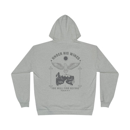 Men’s Christian Hoodie – Under His Wings Psalm 91:4 Faith Pullover with Cross & Eagle Back Design