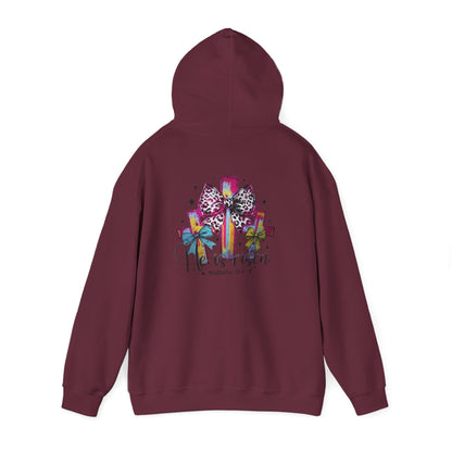 He Is Risen Christian Hoodie | Colorful Cross With Bow Design | Matthew 28:6 Faith Hooded Sweatshirt