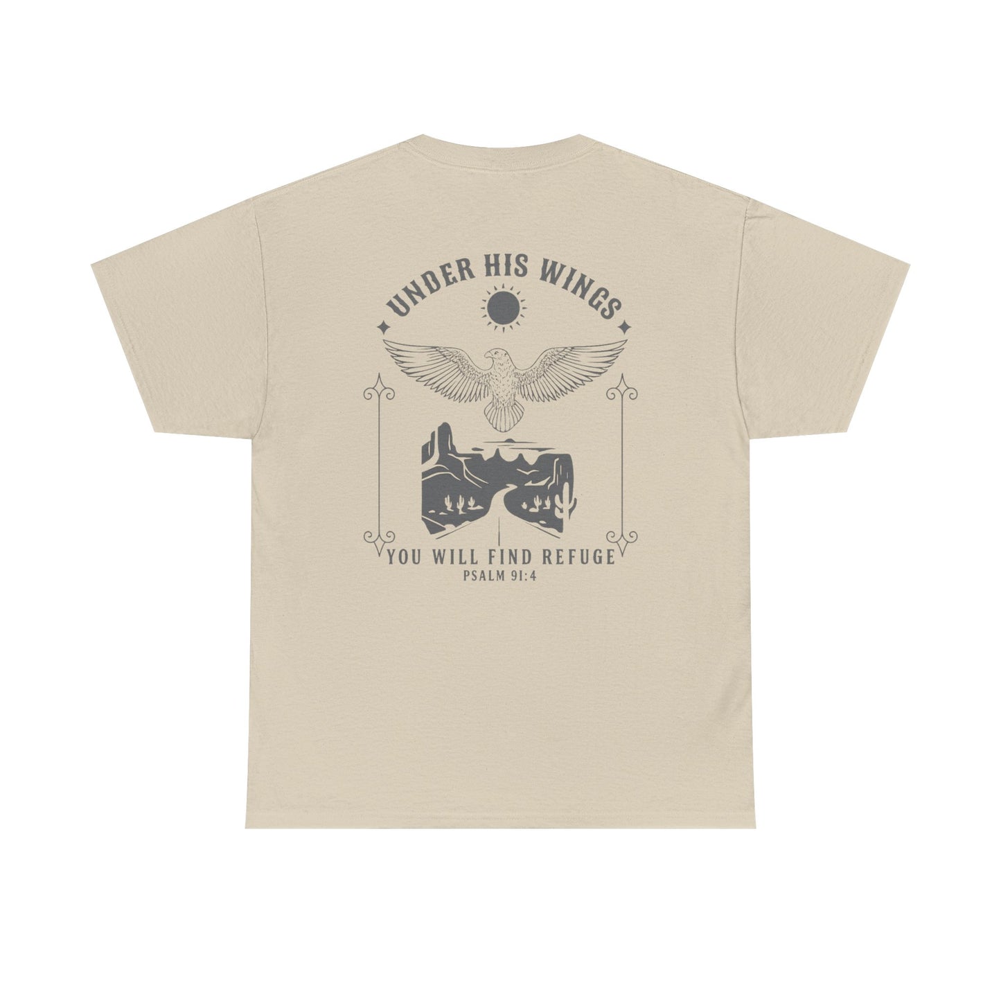 Men’s Christian T-Shirt – Under His Wings Psalm 91:4 | Eagle & Cross Faith Shirt by Gather & Co. LLC