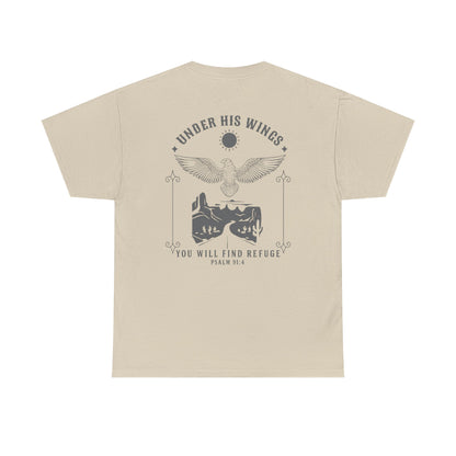 Men’s Christian T-Shirt – Under His Wings Psalm 91:4 | Eagle & Cross Faith Shirt by Gather & Co. LLC