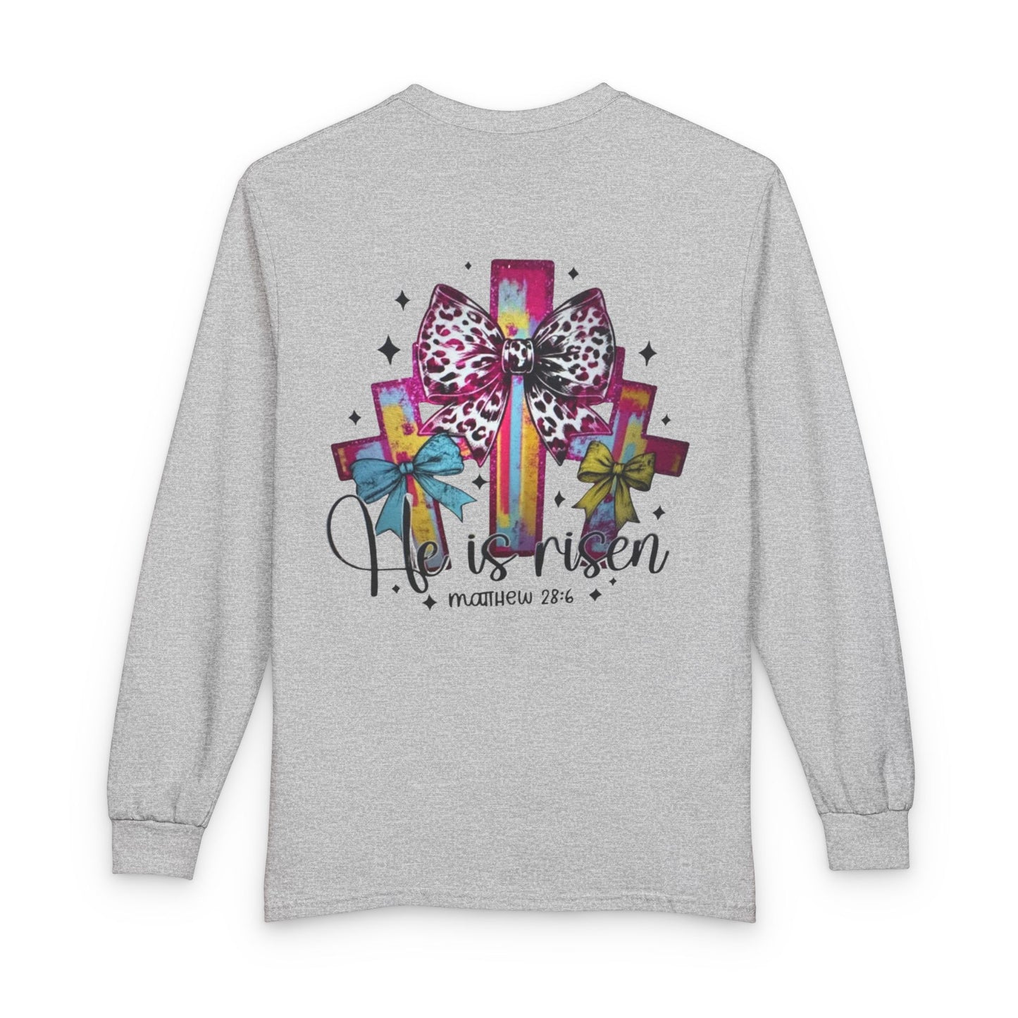 He Is Risen Christian Long Sleeve Shirt | Colorful Cross With Bow Design | Matthew 28:6 Faith Long Sleeve Tee