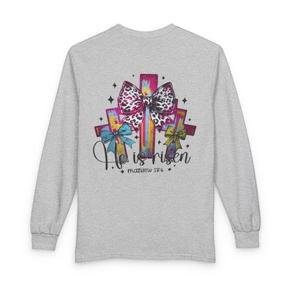He Is Risen Christian Long Sleeve Shirt | Colorful Cross With Bow Design | Matthew 28:6 Faith Long Sleeve Tee