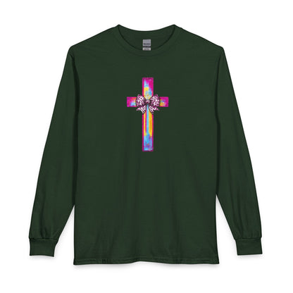 He Is Risen Christian Long Sleeve Shirt | Colorful Cross With Bow Design | Matthew 28:6 Faith Long Sleeve Tee