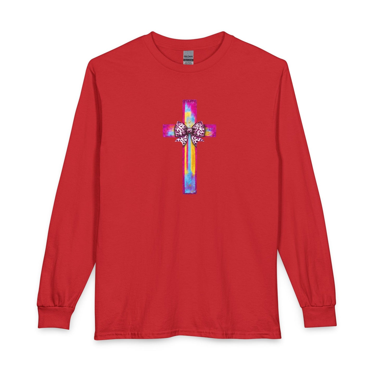 He Is Risen Christian Long Sleeve Shirt | Colorful Cross With Bow Design | Matthew 28:6 Faith Long Sleeve Tee