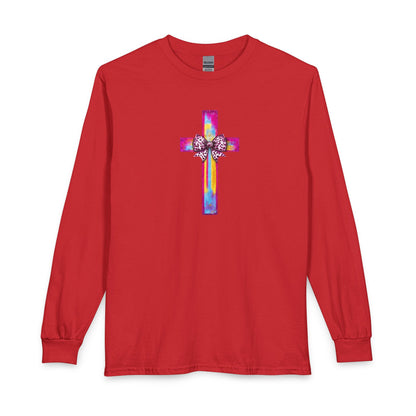 He Is Risen Christian Long Sleeve Shirt | Colorful Cross With Bow Design | Matthew 28:6 Faith Long Sleeve Tee