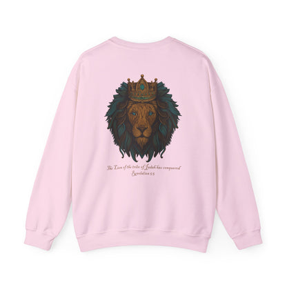 Lion of Judah Christian Crew Neck Sweatshirt – Unisex Faith Sweatshirt with Cross & Revelation 5:5 Back Design