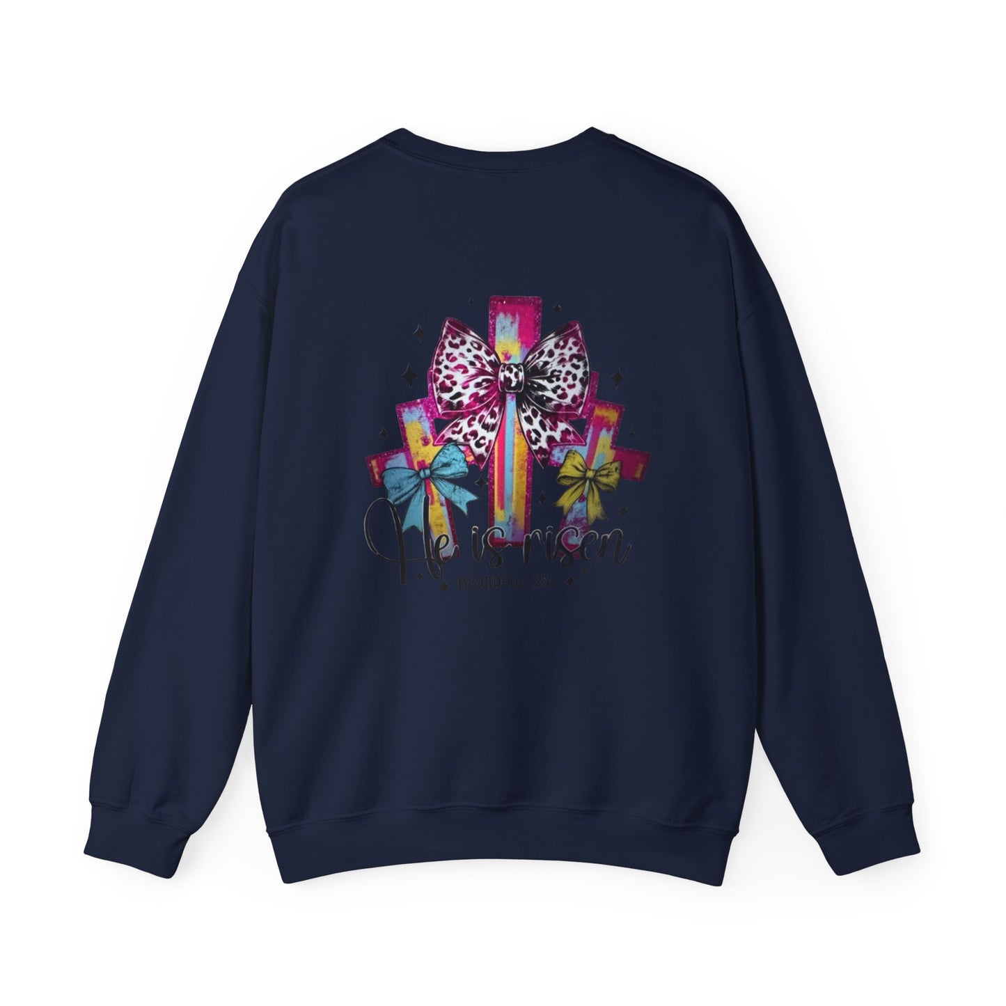 He Is Risen Christian Crewneck Sweatshirt | Colorful Cross With Bow Design | Matthew 28:6 Faith Sweatshirt