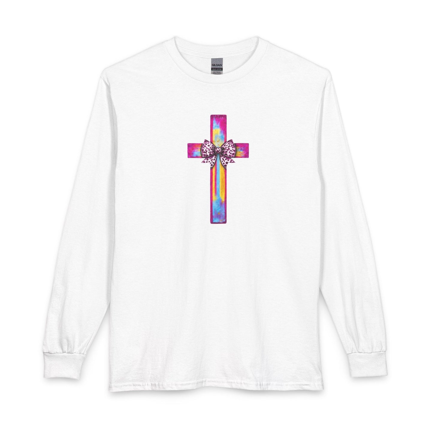 He Is Risen Christian Long Sleeve Shirt | Colorful Cross With Bow Design | Matthew 28:6 Faith Long Sleeve Tee