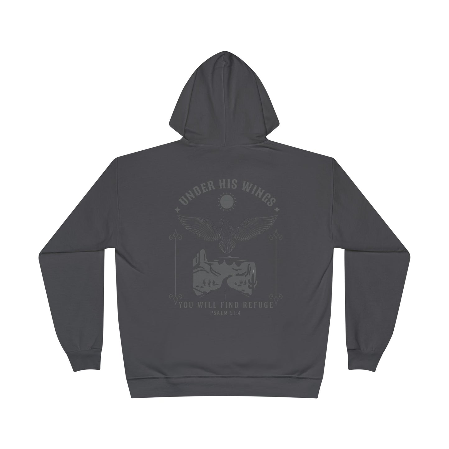 Men’s Christian Hoodie – Under His Wings Psalm 91:4 Faith Pullover with Cross & Eagle Back Design