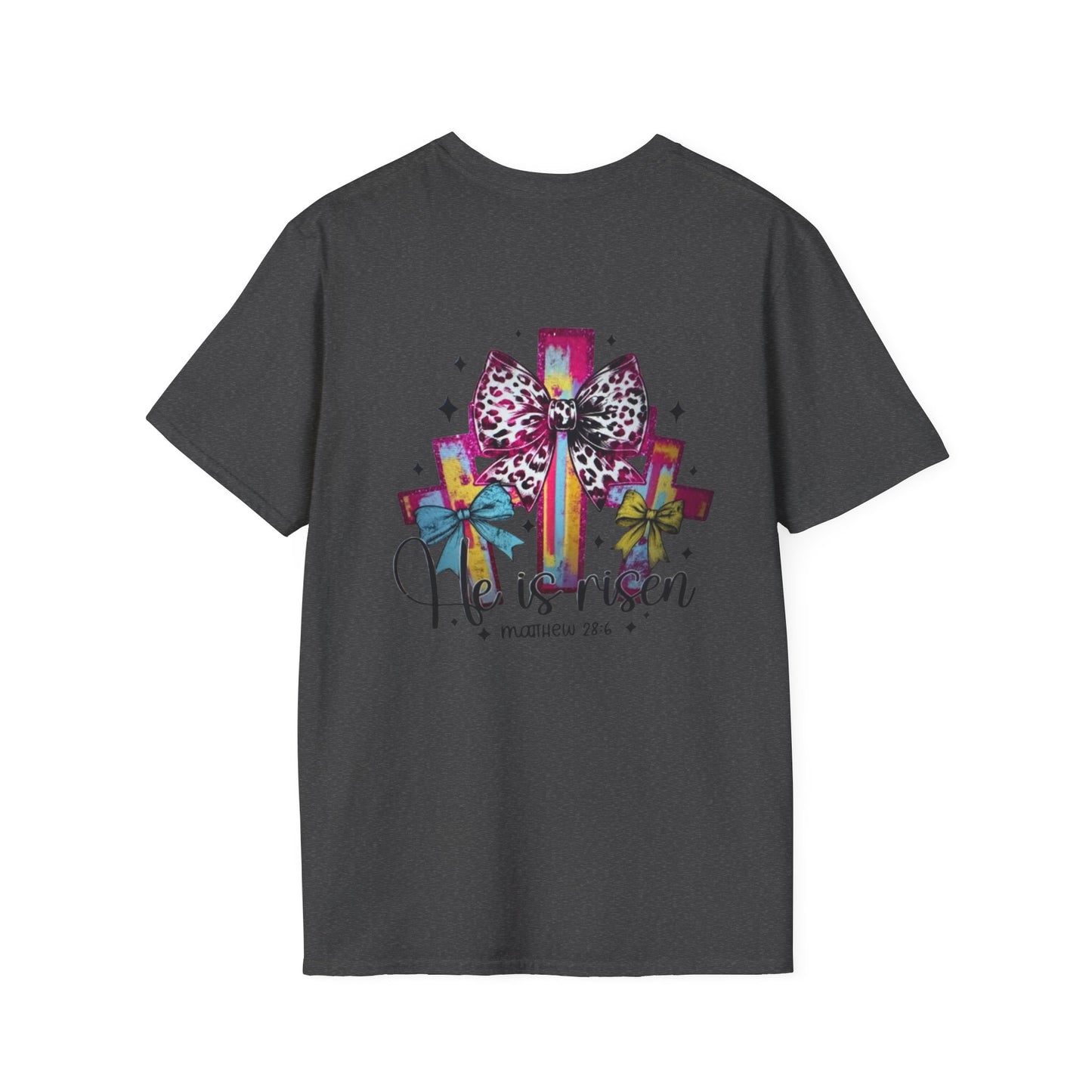 He Is Risen Christian Cross T-Shirt – Colorful Bow Cross Design | Matthew 28:6 Faith Tee