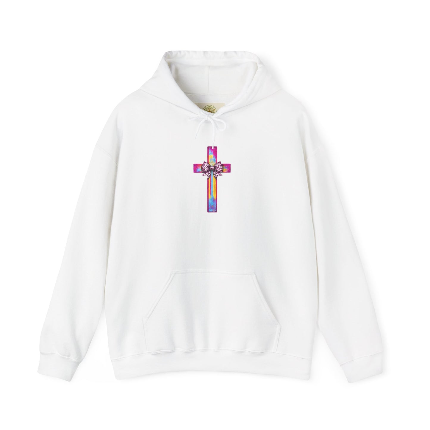 He Is Risen Christian Hoodie | Colorful Cross With Bow Design | Matthew 28:6 Faith Hooded Sweatshirt