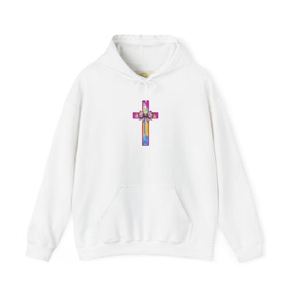 He Is Risen Christian Hoodie | Colorful Cross With Bow Design | Matthew 28:6 Faith Hooded Sweatshirt