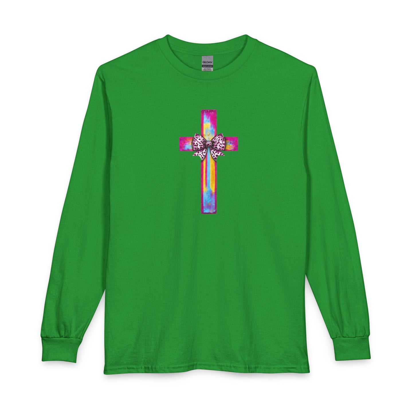 He Is Risen Christian Long Sleeve Shirt | Colorful Cross With Bow Design | Matthew 28:6 Faith Long Sleeve Tee