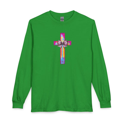 He Is Risen Christian Long Sleeve Shirt | Colorful Cross With Bow Design | Matthew 28:6 Faith Long Sleeve Tee