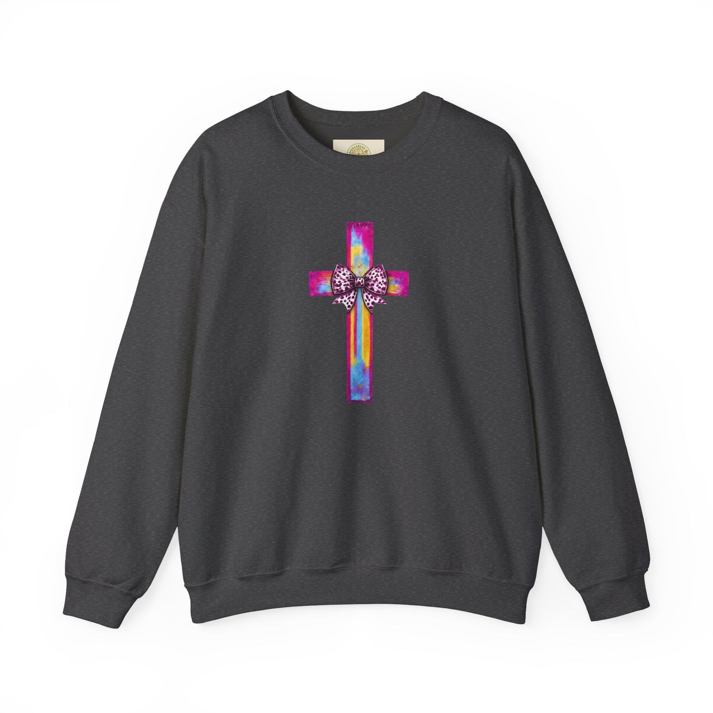He Is Risen Christian Crewneck Sweatshirt | Colorful Cross With Bow Design | Matthew 28:6 Faith Sweatshirt