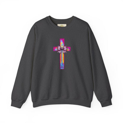 He Is Risen Christian Crewneck Sweatshirt | Colorful Cross With Bow Design | Matthew 28:6 Faith Sweatshirt