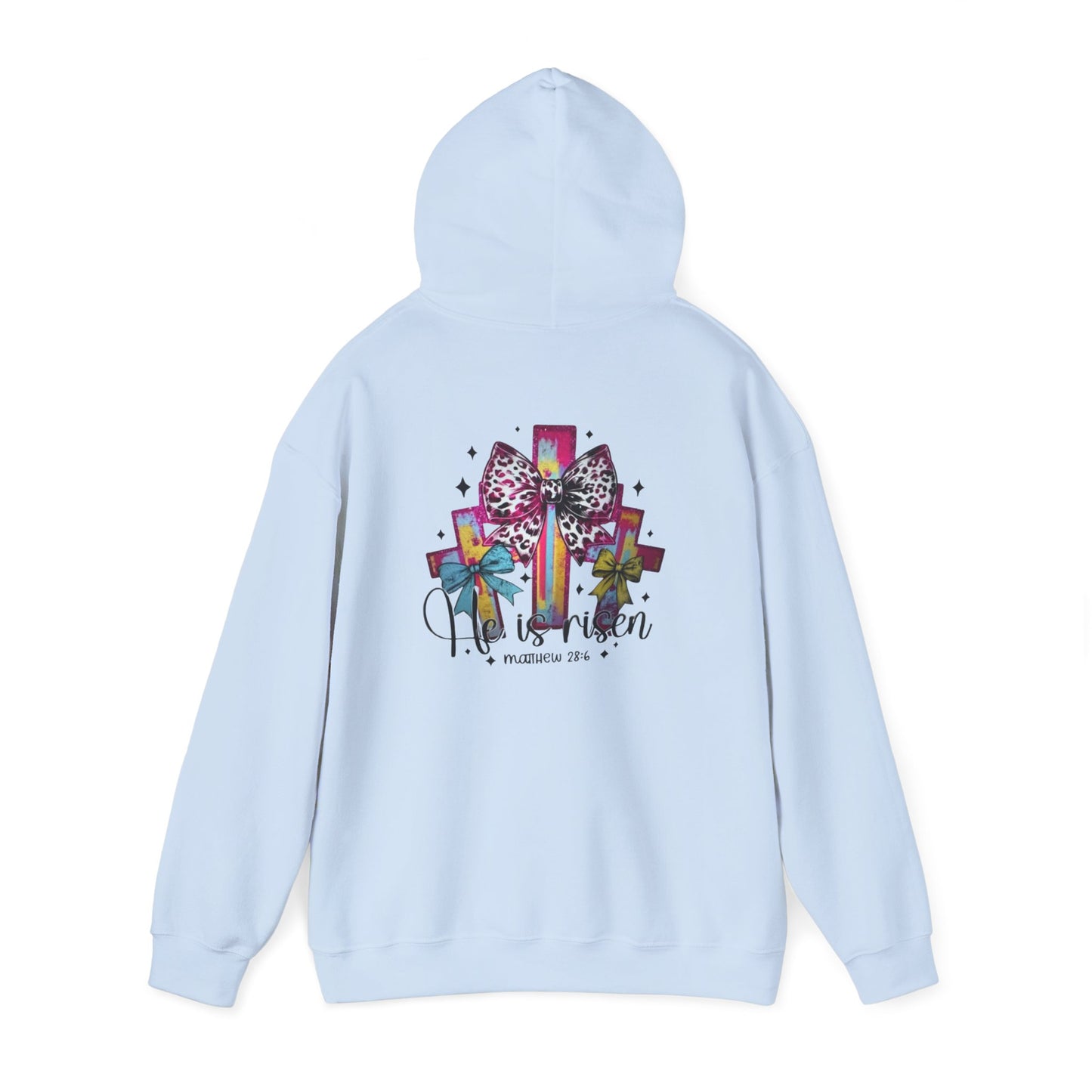 He Is Risen Christian Hoodie | Colorful Cross With Bow Design | Matthew 28:6 Faith Hooded Sweatshirt