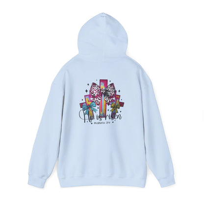 He Is Risen Christian Hoodie | Colorful Cross With Bow Design | Matthew 28:6 Faith Hooded Sweatshirt