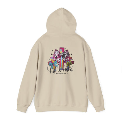He Is Risen Christian Hoodie | Colorful Cross With Bow Design | Matthew 28:6 Faith Hooded Sweatshirt